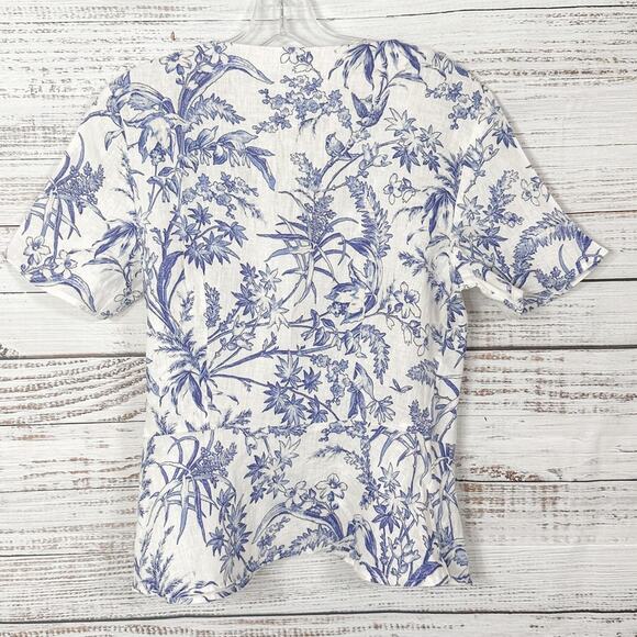 H&M Blue and White Floral Linen Wrapover Blouse, EUC, Size Small - Picture 10 of 13
